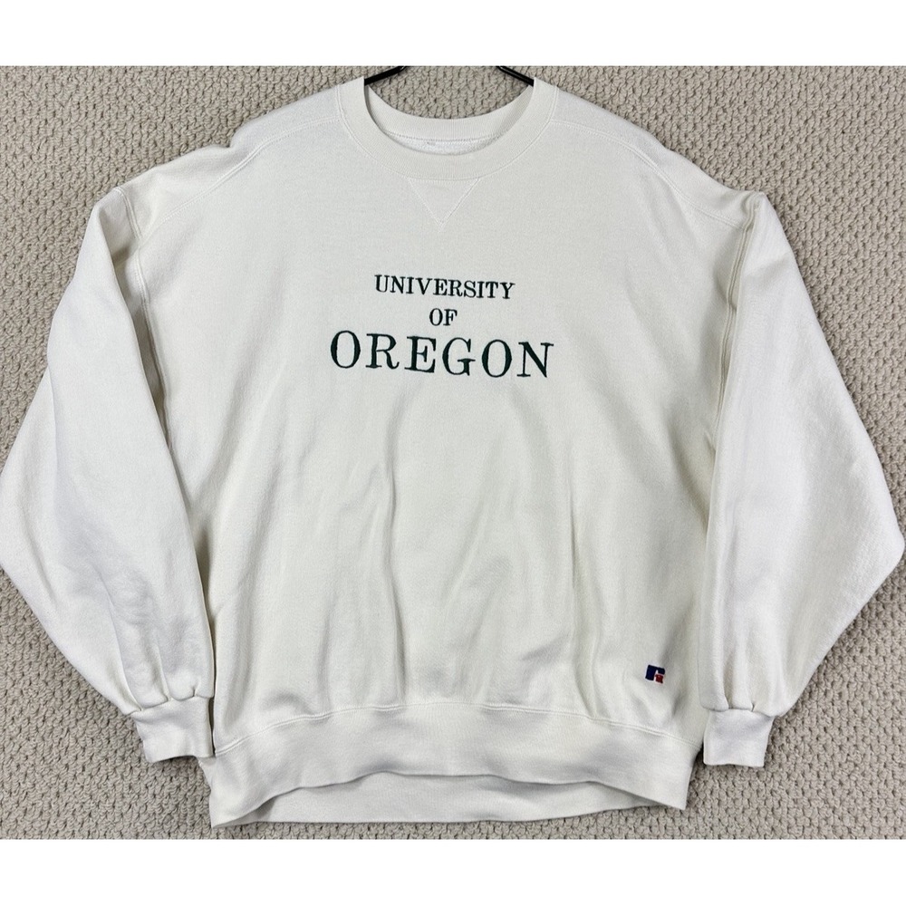 Vtg Oregon Ducks Russell Athletic Sweatshirt Fits Men XL White Crewneck USA Made